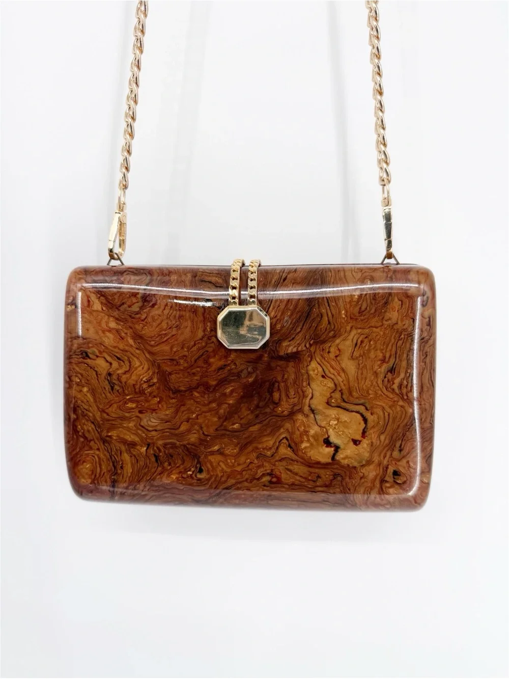 Vintage Saks Fifth Ave Brown Marbled Acrylic Gold Tone Hard Shell Clutch Purse